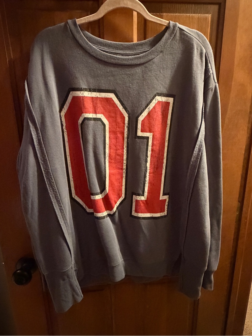 Blue Crewneck Sweater with Red '01' Graphic